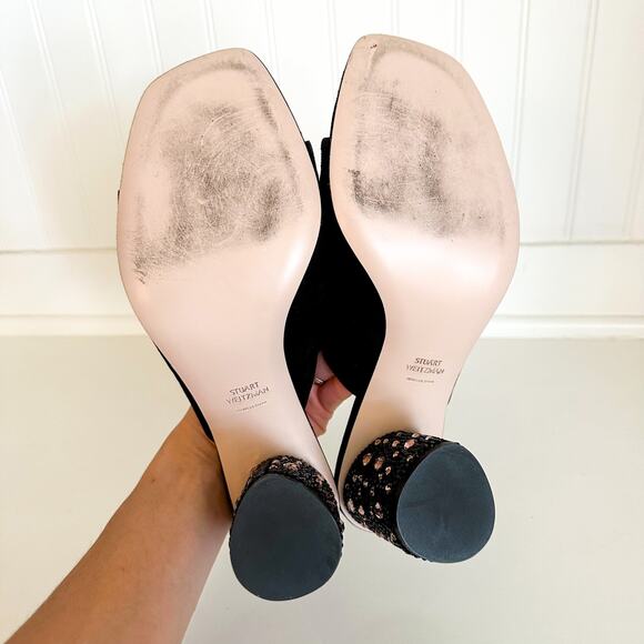 Stuart Weitzman Suede Crystal Embellished Block Heel Mule Sandals Black - Picture 4 of 5